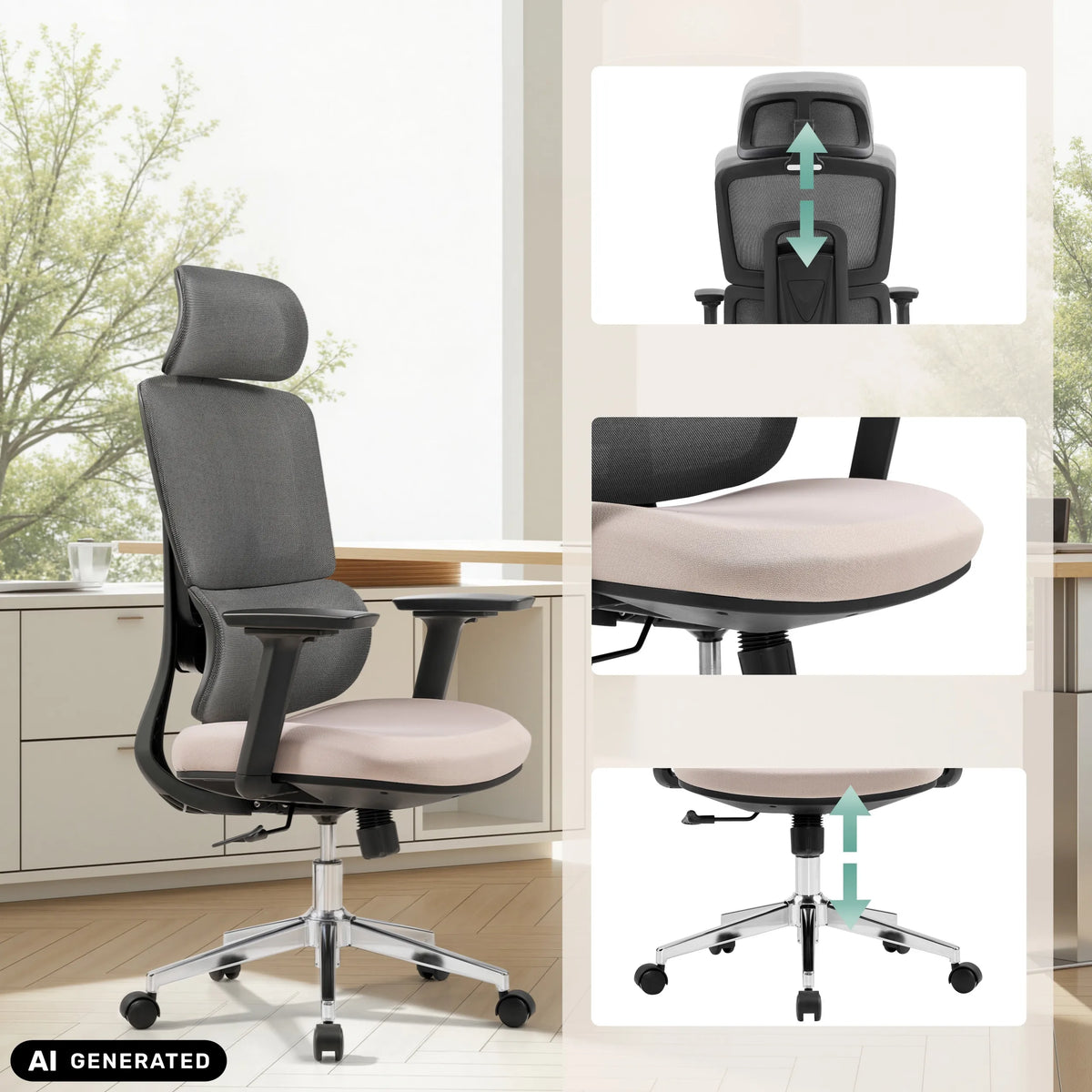 Ammattitason toimistotuoli Ergomy Pro tummanharmaana ja beigenä säätömahdollisuuksilla, valmistaja hjh OFFICE (tekoälyllä luotu kuva)