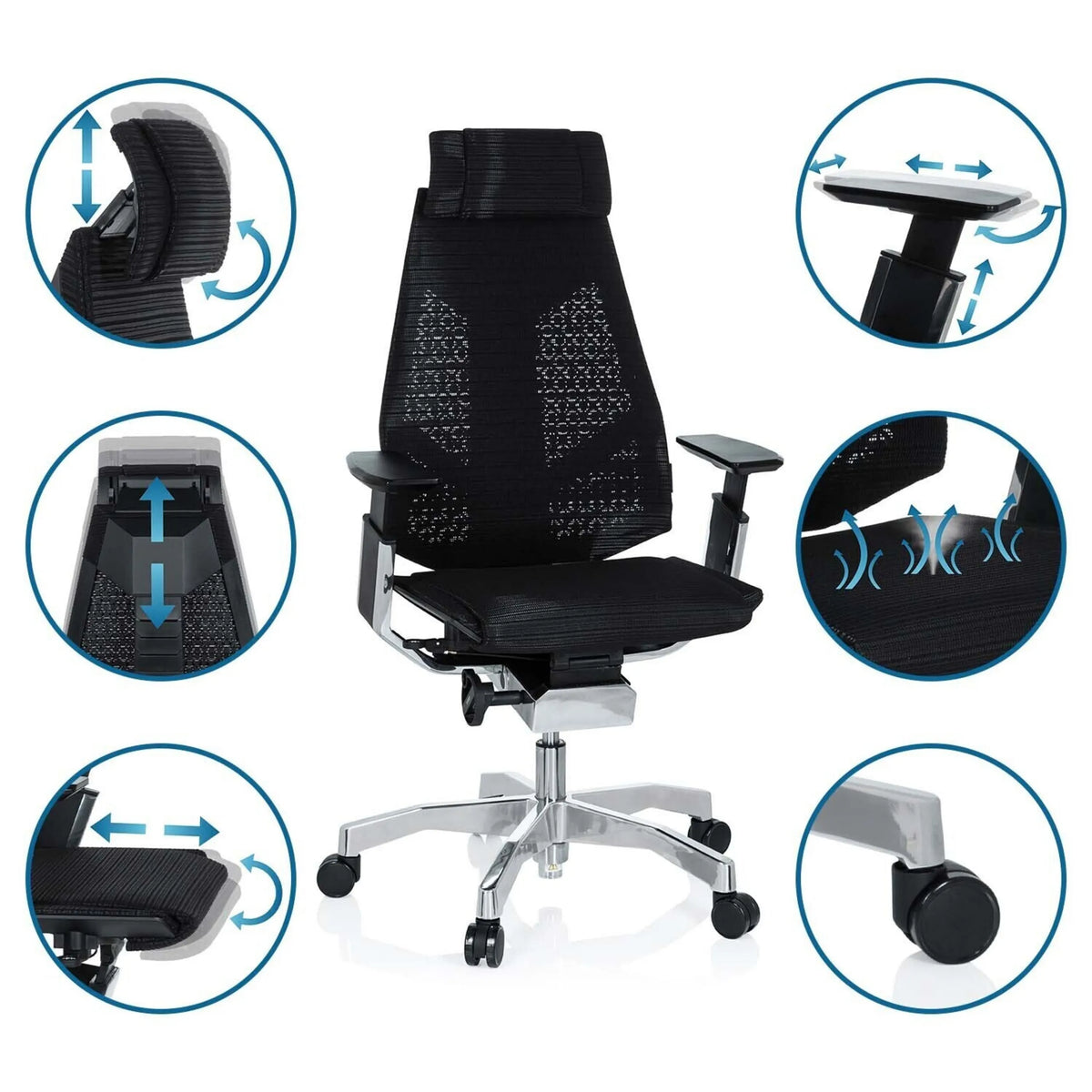 High End -toimistotuoli GENIDIA PRO mustana eri säätömahdollisuuksilla, valmistaja hjh OFFICE