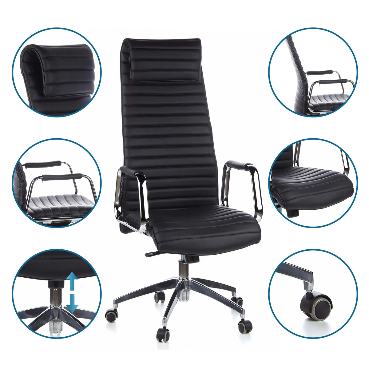 Luksustoimistotuoli ASPERA 20 värissä musta, sisältäen yksityiskohtia verhoilusta ja pyöristä, valmistaja hjh OFFICE