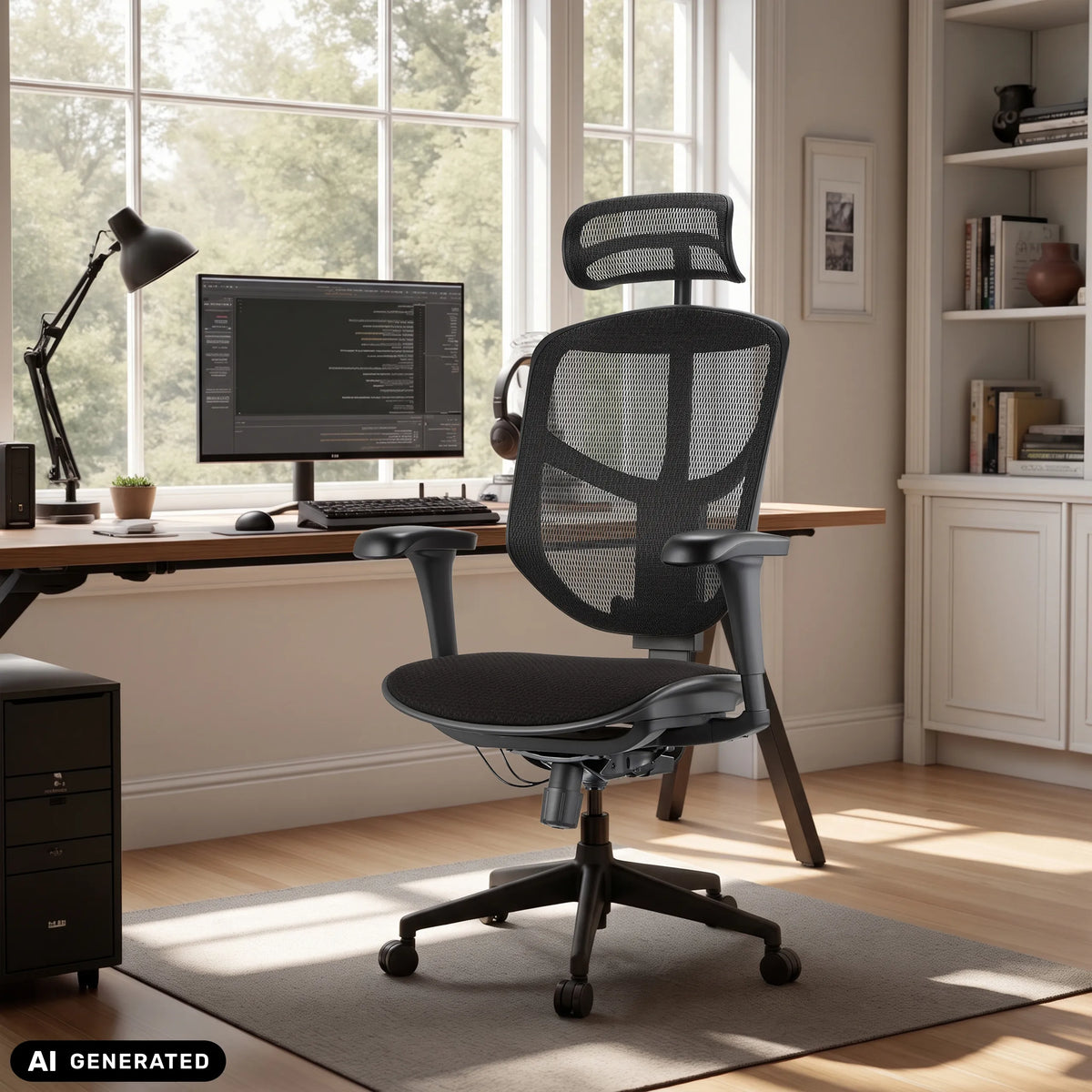 Schwarzer Bürostuhl Enjoy Eco FB mit Netzrücken und Kopfstütze an einem Schreibtisch von hjh OFFICE (KI-generiertes Bild)