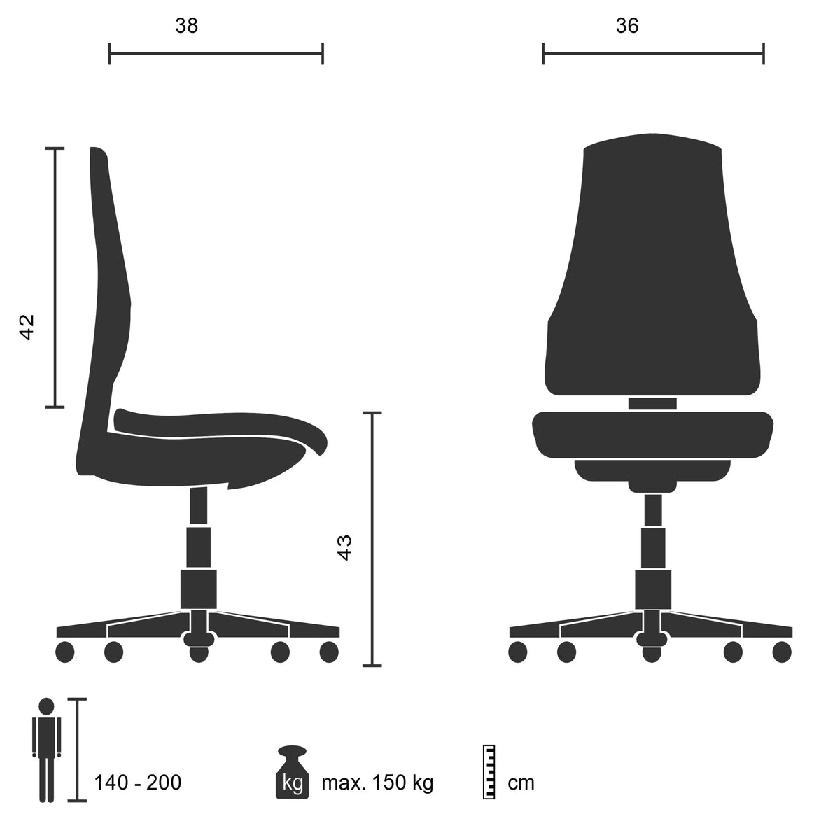 Bistrotuoli VANTAGGIO COMFORT W tekninen piirustus, leveys 36 cm, valmistaja hjh OFFICE