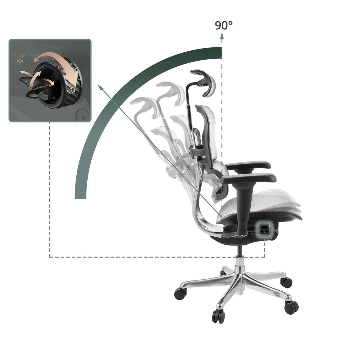Luksustoimistotuoli ERGOHUMAN ULTRA GEN2 kallistussäädöllä 90 asteeseen säätönupilla, valmistaja hjh OFFICE
