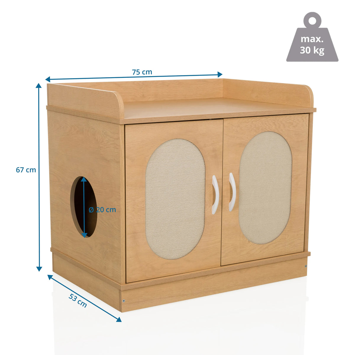 Maßansicht des Katzenhauses KITTYHOME 2 mit 75 × 67 cm und maximaler Belastbarkeit von 30 kg von hjh LIVING