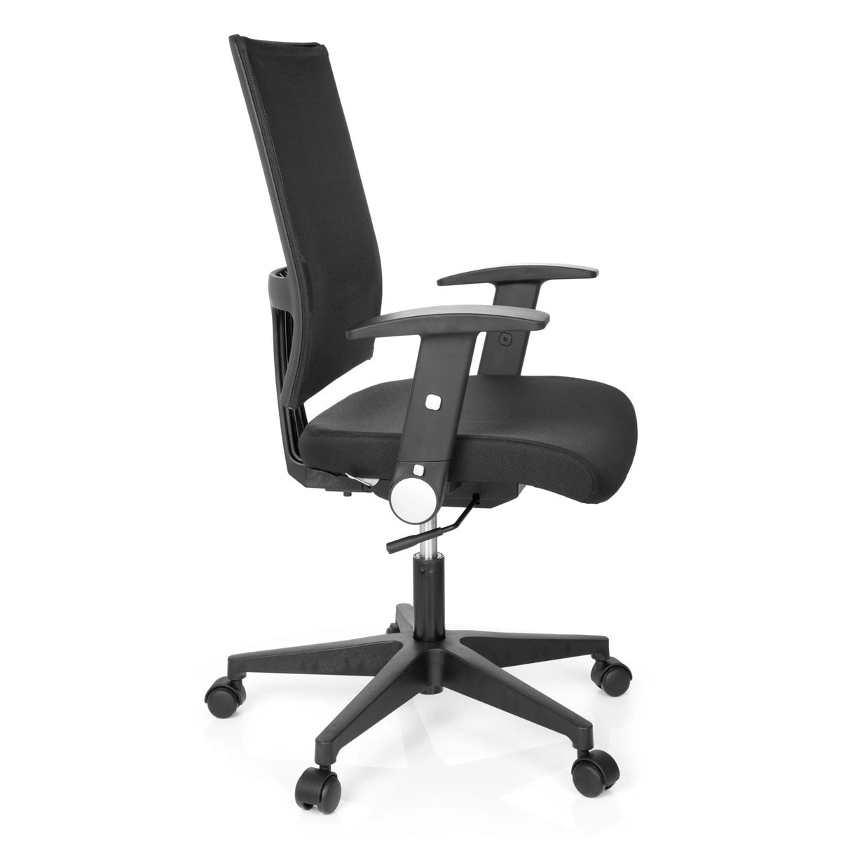 Musta Home Office -toimistotuoli OFFICE R8 verkkoselkänojalla ja viisisakaraisella jalustalla, valmistaja hjh OFFICE – 360 asteen näkymä (sivuprofiili 80°)