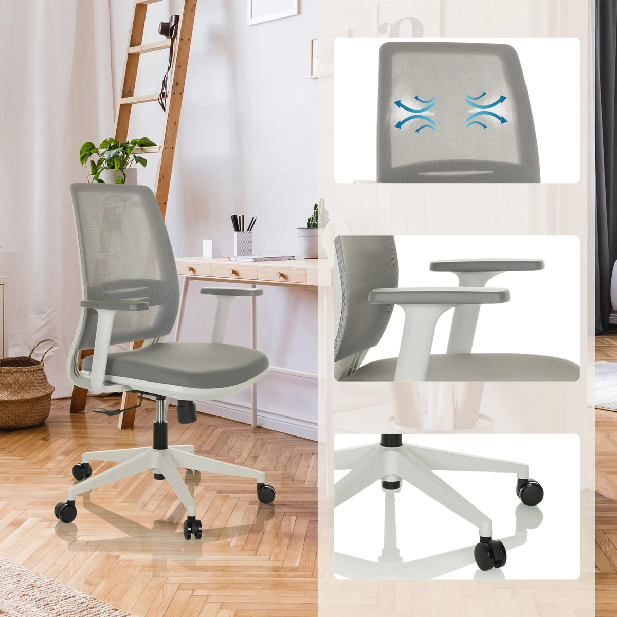 Harmaa Home Office -toimistotuoli PROFONDO ECO W, jossa on verkkoselkänoja, käsinojat ja valkoinen jalkaristi, valmistaja hjh OFFICE