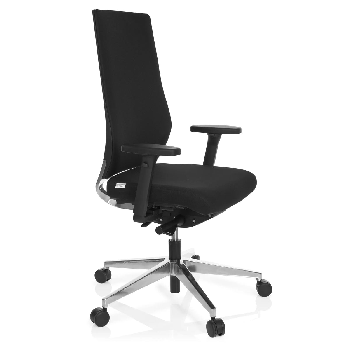 Musta Ammattitason toimistotuoli PRO-TEC 700 käsinojilla ja kiiltävällä viisipyöräisellä jalustalla, valmistaja hjh OFFICE – 360 asteen näkymä (etuviistonäkymä 60°)
