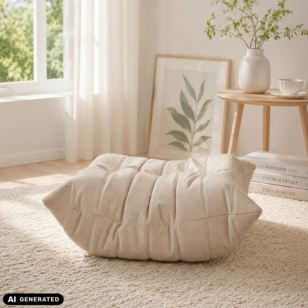 Beige Sitzolo Podi-istuinsäkki, jossa on tikkikuviointi, vaalealla matolla, valmistaja hjh LIVING (tekoälyllä luotu kuva)