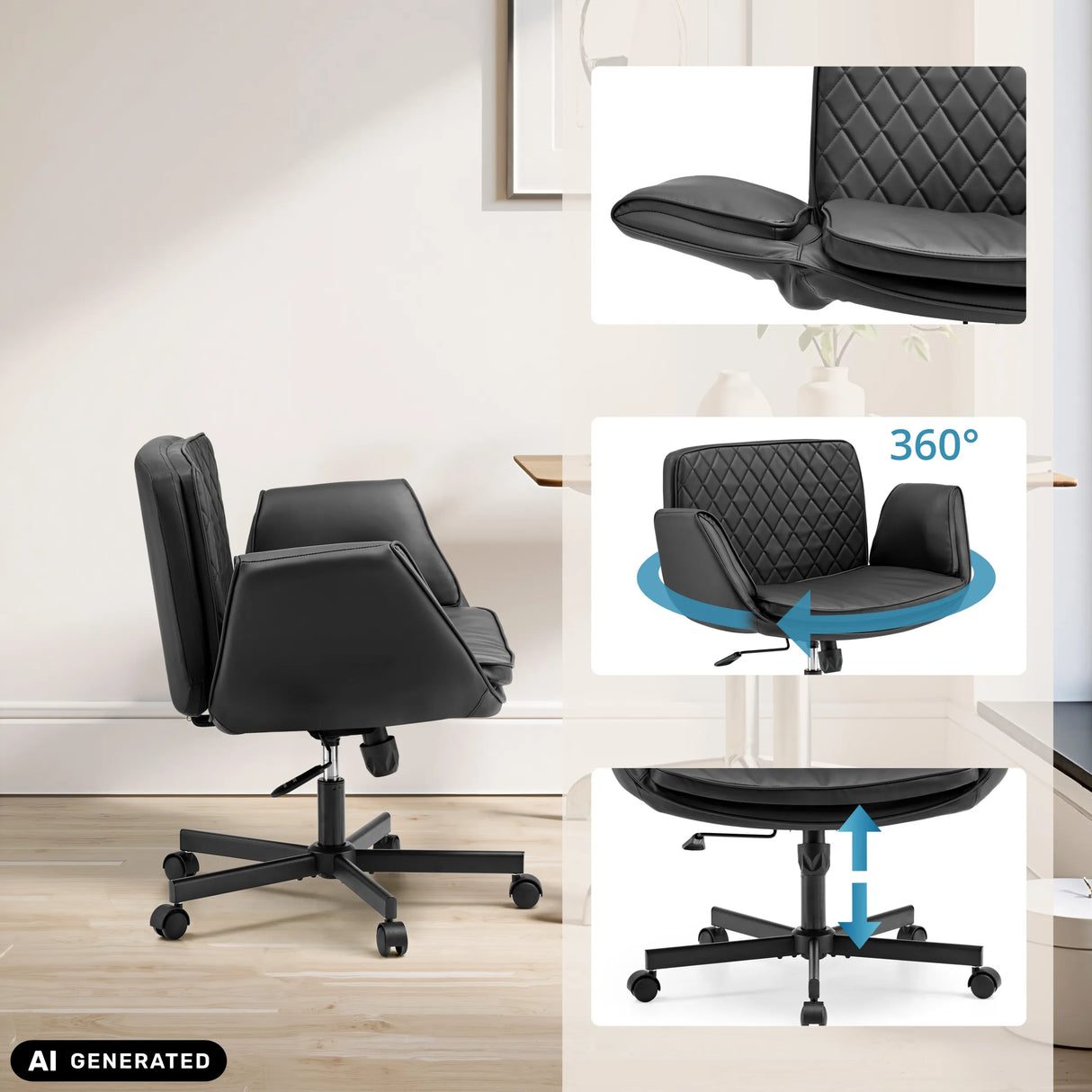 Musta Criss-Cross 10 Home Office -toimistotuoli, jossa on 360 asteen kääntö ja korkeussäätö, valmistaja hjh LIVING (tekoälyllä luotu kuva)