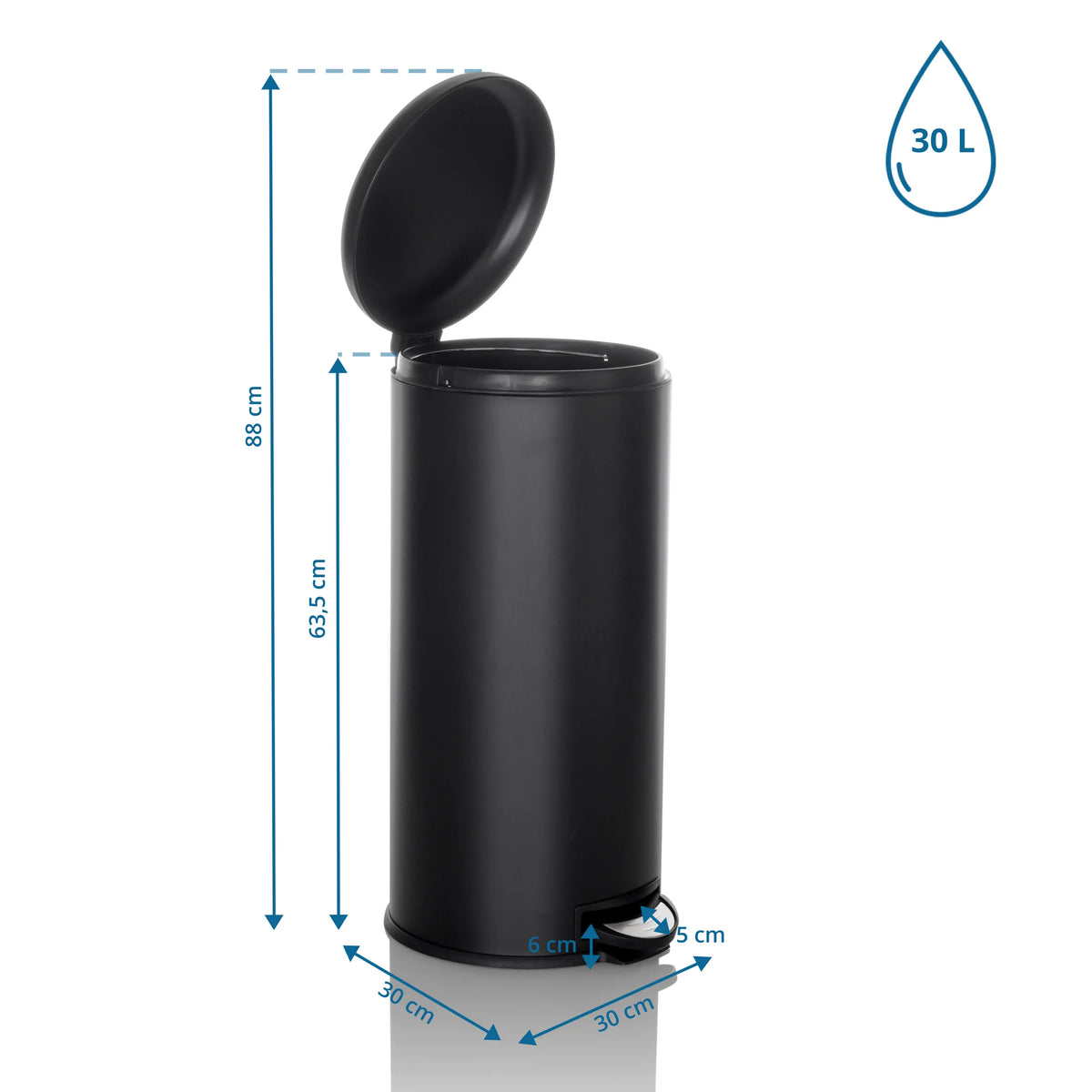 Roskakori CLEAN STEP mittapiirustus, tilavuus 30 litraa ja kokonaiskorkeus 88 cm, valmistaja hjh OFFICE