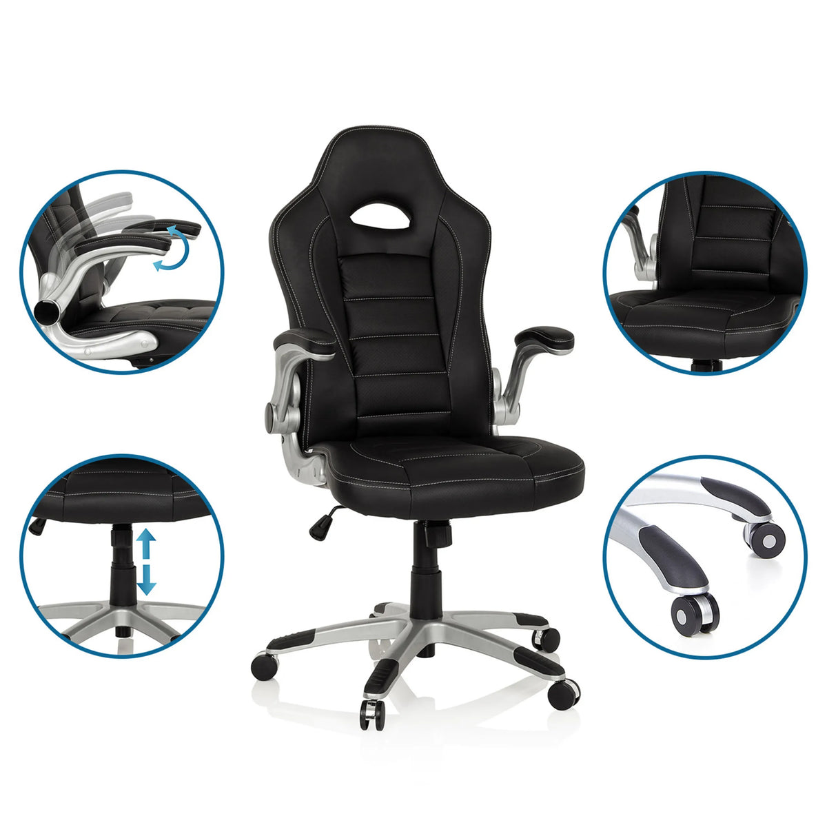 Pelituoli GAME SPORT värissä musta, säädettävillä käsinojilla ja kaasujousella, valmistaja hjh OFFICE