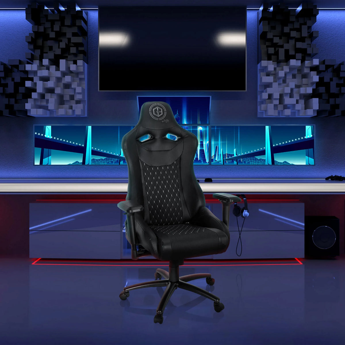 Musta Pelituoli GAMEBREAKER SX 04, jossa on tikattu muotoilu ja säädettävät käsinojat, valmistaja hjh OFFICE