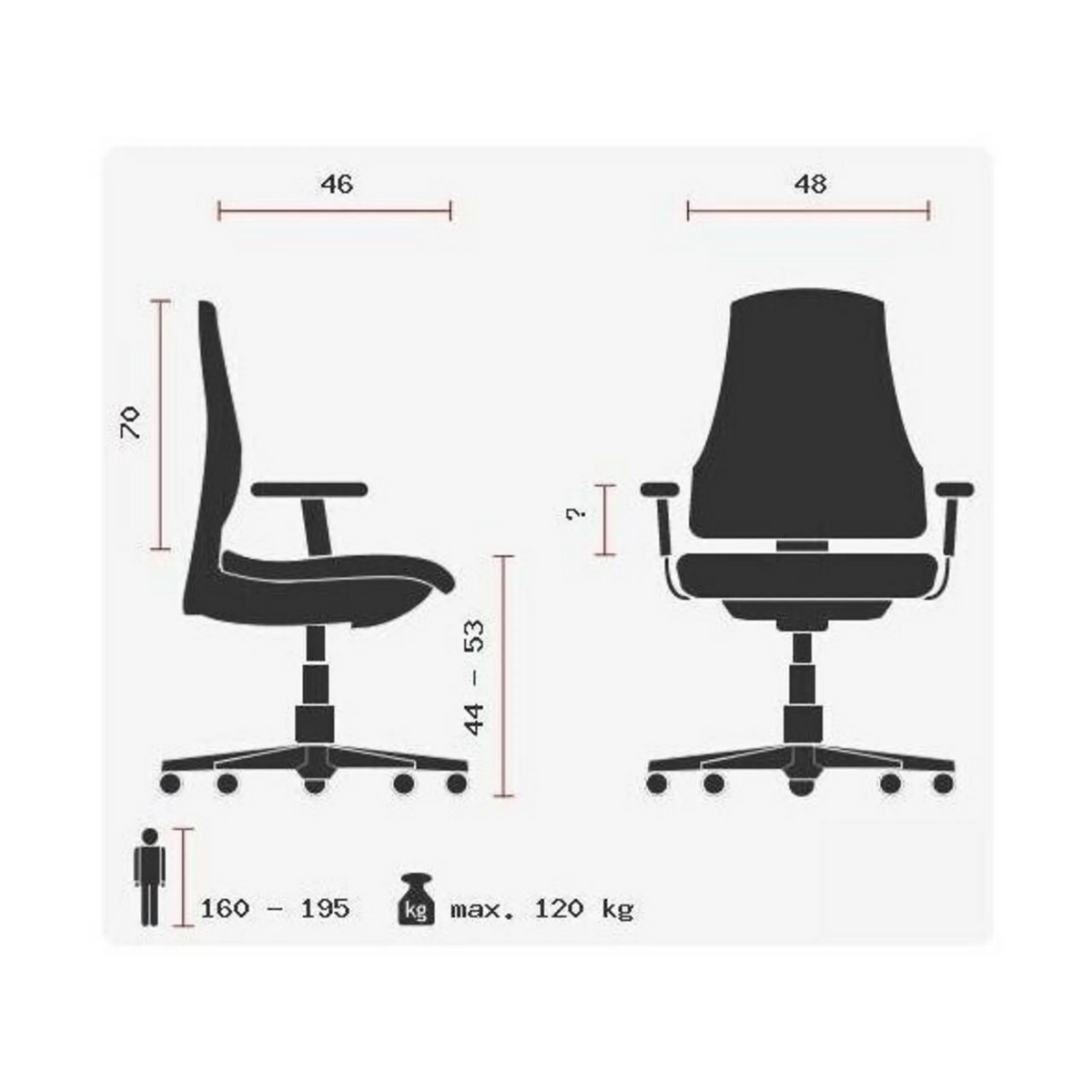 Technische Zeichnung des Profi-Chefsessels HIGH SIT UP mit einer maximalen Belastung von 120 kg von Topstar