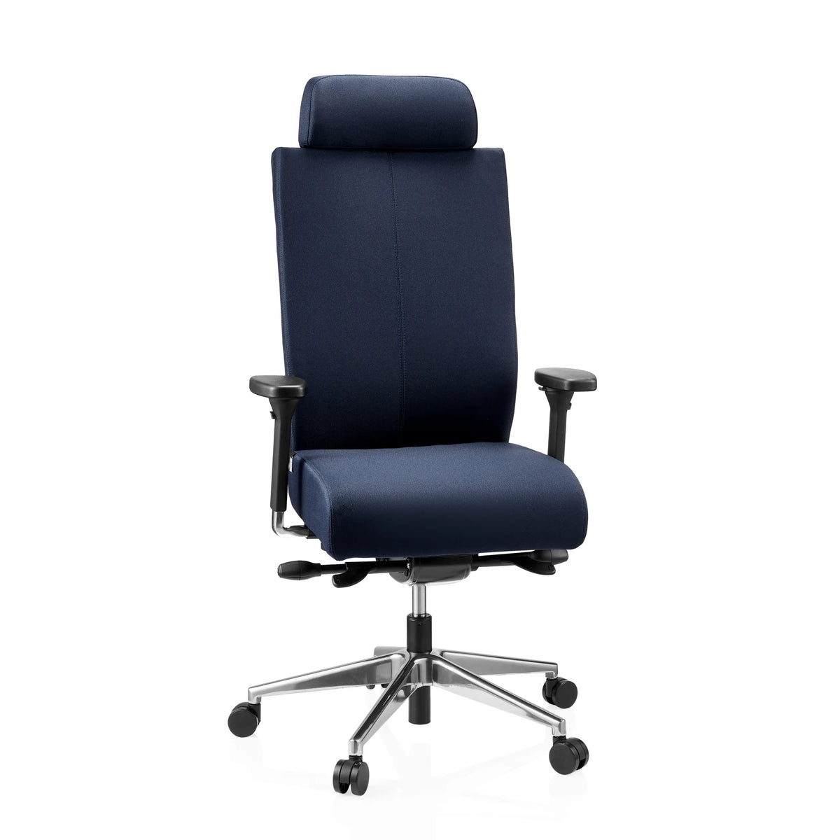 Sininen Ammattitason toimistotuoli PRO-TEC XXL niskatuella ja viisijalkaisella pyörätuella, valmistaja hjh OFFICE – 360 asteen näkymä (etunäkymä 15°)