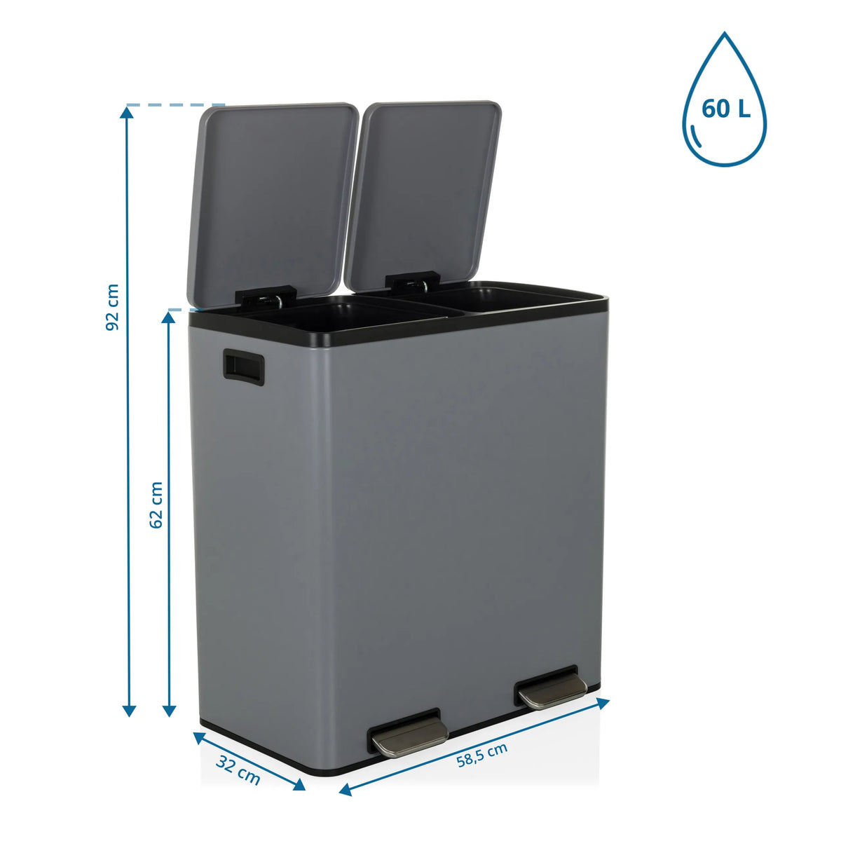 Roskakori Clean 13 mitat, 60 L tilavuus ja 58,5 x 32 cm, valmistaja hjh OFFICE