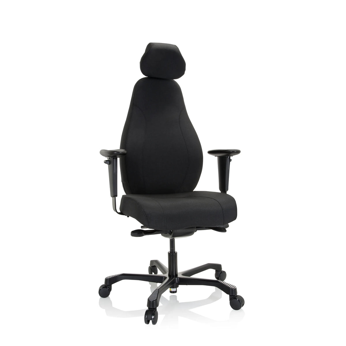 Musta Ammattitason toimistotuoli RESISTIO XXL niskatuella ja viisipisteisellä rullajalustalla, valmistaja hjh OFFICE – 360 asteen näkymä (etunäkymä 20°)