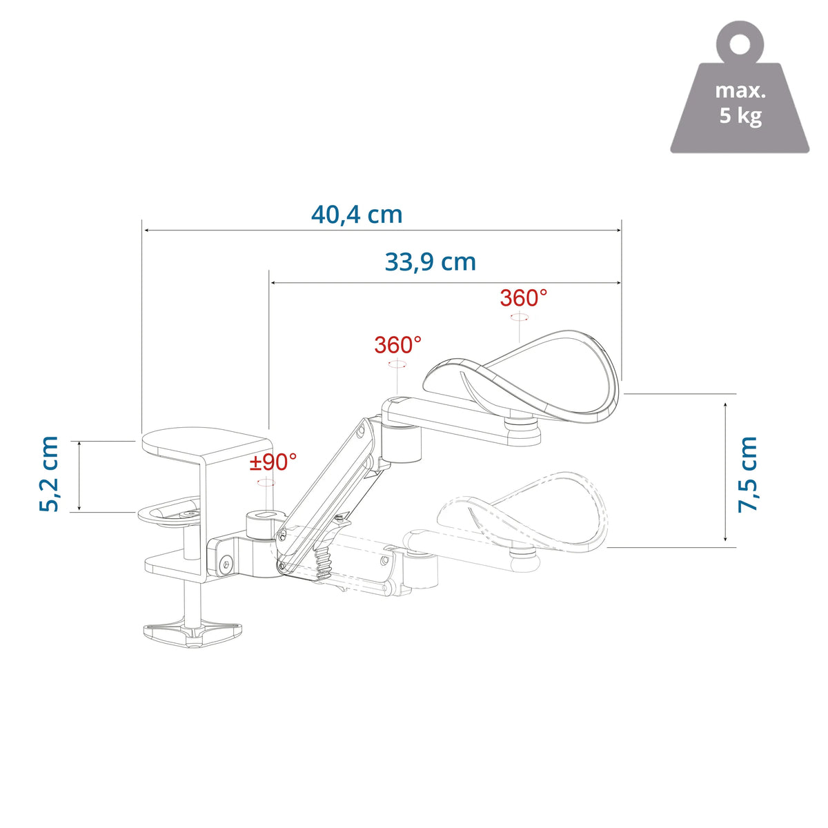 Käsinoja RELEX RT1 tekninen piirustus, pituus 40,4 cm ja kantavuus 5 kg, valmistaja hjh OFFICE