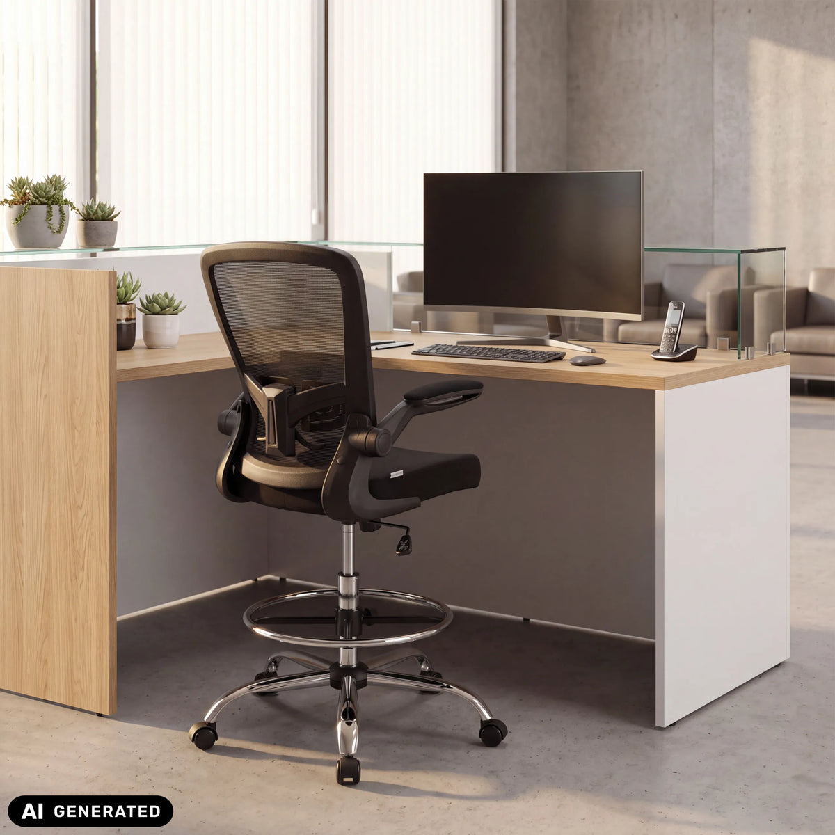Musta VENDO WORK korkea työtuoli, jossa on jalkarengas työpöydän ääressä, valmistaja hjh OFFICE (tekoälyllä luotu kuva)