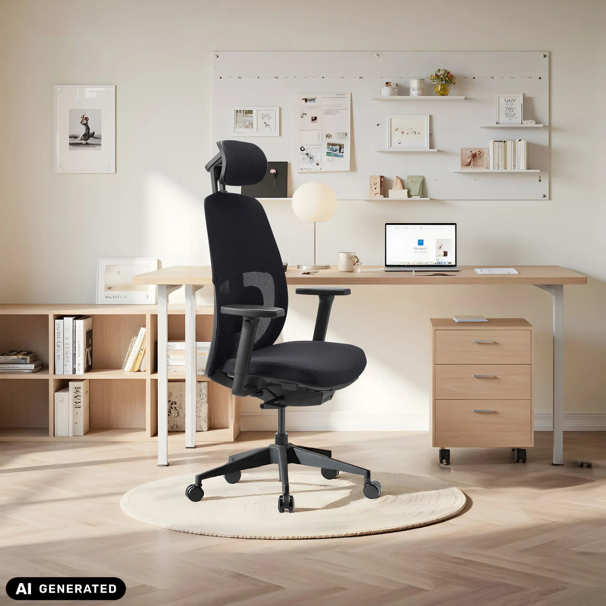 Musta ammattitason toimistotuoli Skandis Pro niskatuella kotitoimistossa, valmistaja hjh OFFICE (tekoälyllä luotu kuva)