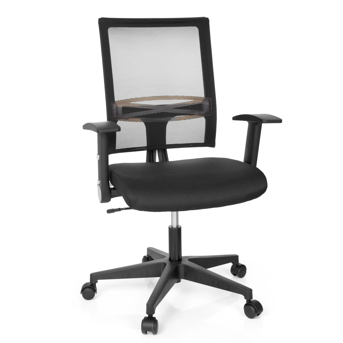 Musta Home Office -toimistotuoli OFFICE R8 verkkoselkänojalla ja viisisakaraisella jalustalla, valmistaja hjh OFFICE – 360 asteen näkymä (etunäkymä 20°)