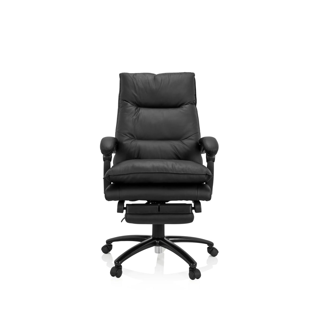 Musta Home Office -toimistotuoli RELAX CL 200 keinonahasta, jossa on tähtijalka ja viisi pyörää, valmistaja MyBuero – 360 asteen näkymä (etunäkymä 0°)