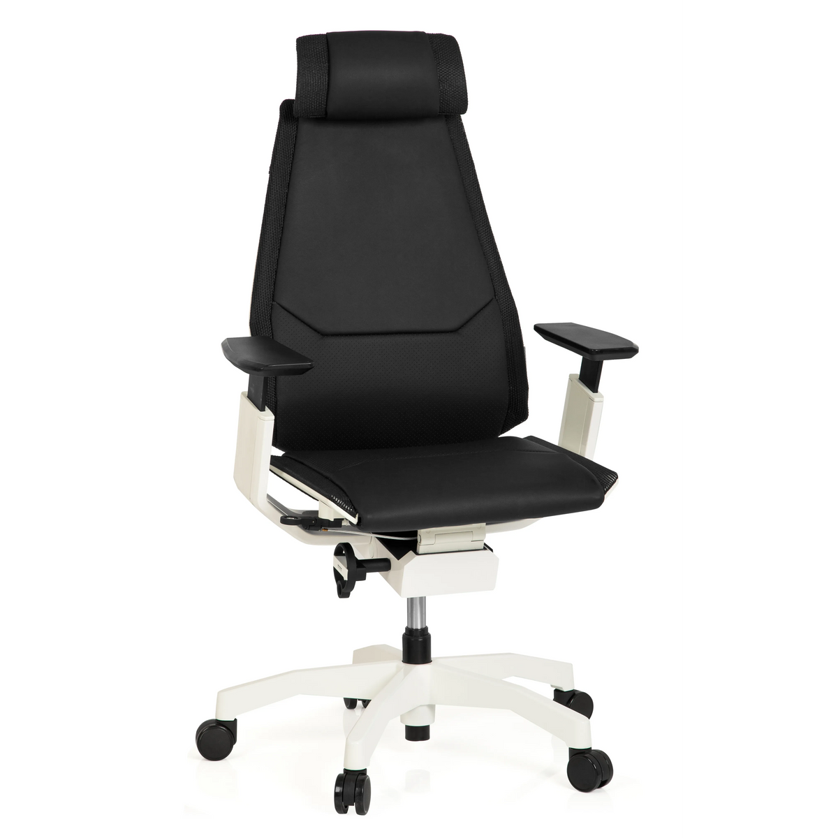 Schwarzer High-End-Bürostuhl GENIDIA PRO WHITE aus Leder mit weißem Fußkreuz und fünf Rollen von hjh OFFICE – 360-Grad-Ansicht (Frontansicht 20°)