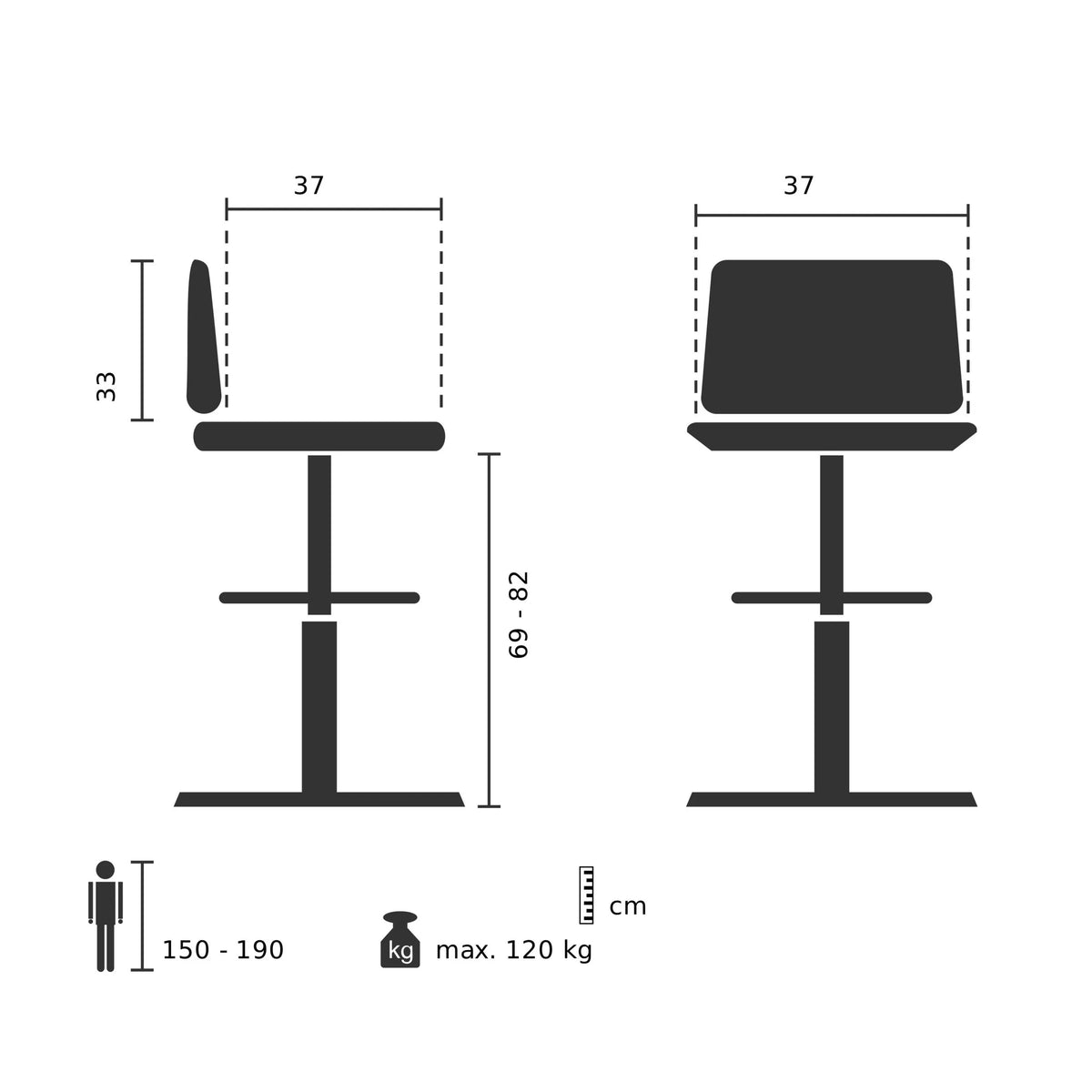 Baarijakkarat DISC HIGH tekninen piirustus, istuinkorkeus 69–82 cm, valmistaja hjh OFFICE