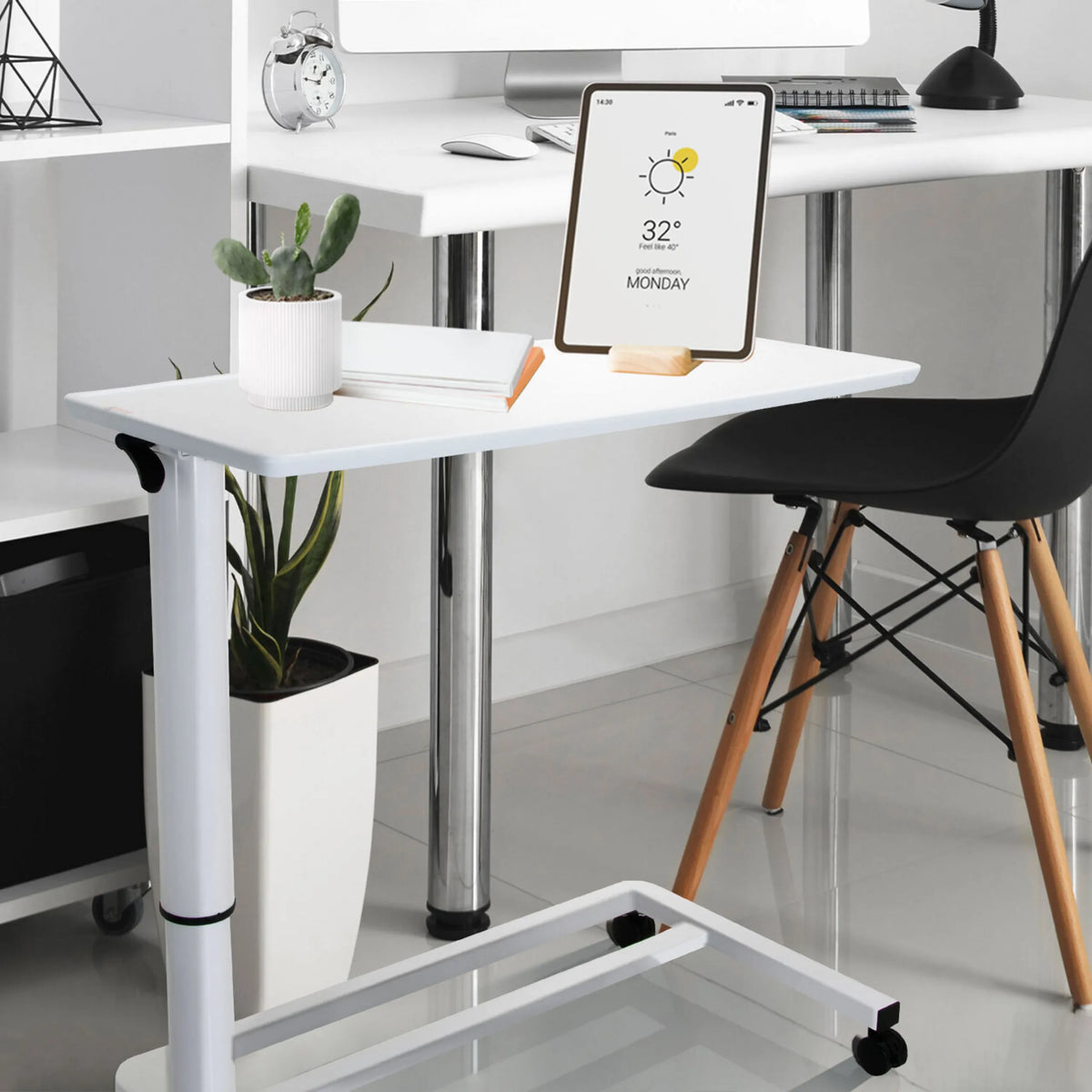 Seisomatyöpöytä STAND II-pöydän valkoinen pöytälevy, säädettävä jalka ja pyörät, valmistaja hjh OFFICE