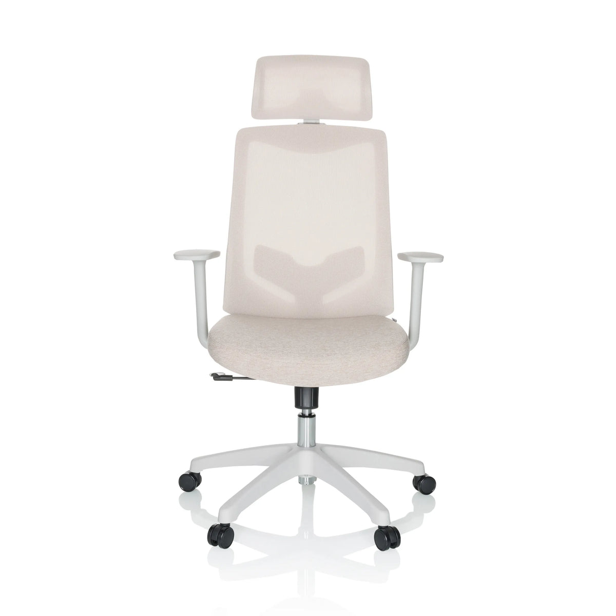 Beige Home Office -toimistotuoli MIKEO W niskatuella ja valkoisella viisipyöräisellä jalustalla, valmistaja hjh OFFICE – 360 asteen näkymä (etunäkymä 0°)
