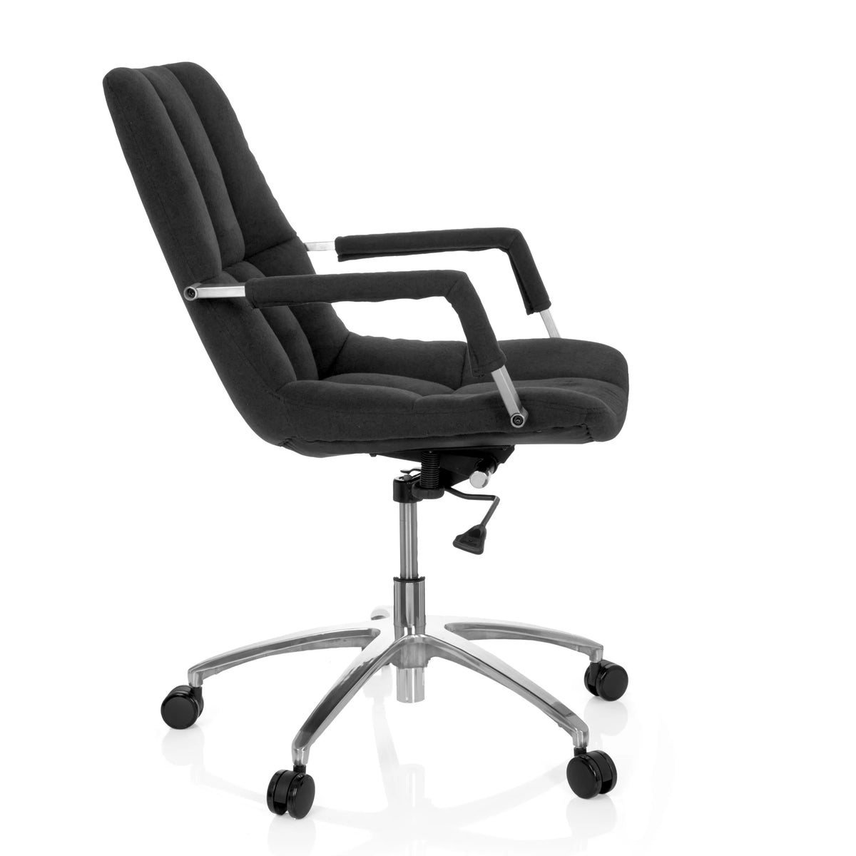 Musta Home Office -toimistotuoli SARANTO kangasverhoilulla ja viisisakaraisella rullajalustalla, valmistaja hjh OFFICE – 360 asteen näkymä (sivuprofiili 80°)