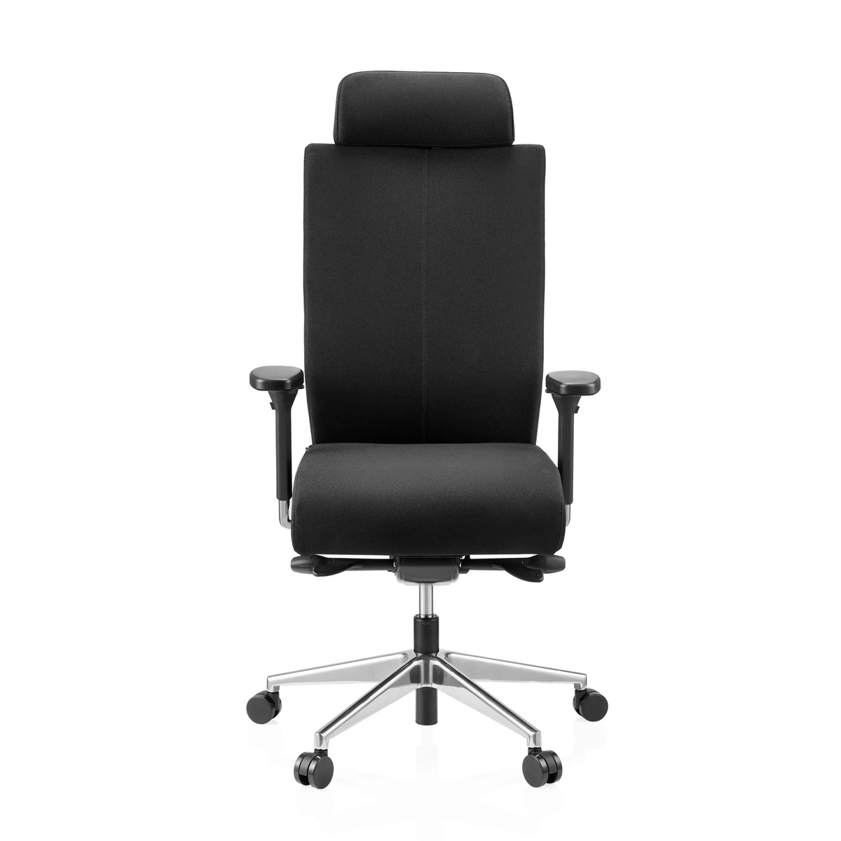 Musta Ammattitason toimistotuoli PRO-TEC XXL kangasverhoilulla, niskatuella ja viisipisteisellä rullajalalla, valmistaja hjh OFFICE – 360 asteen näkymä (etunäkymä 0°)