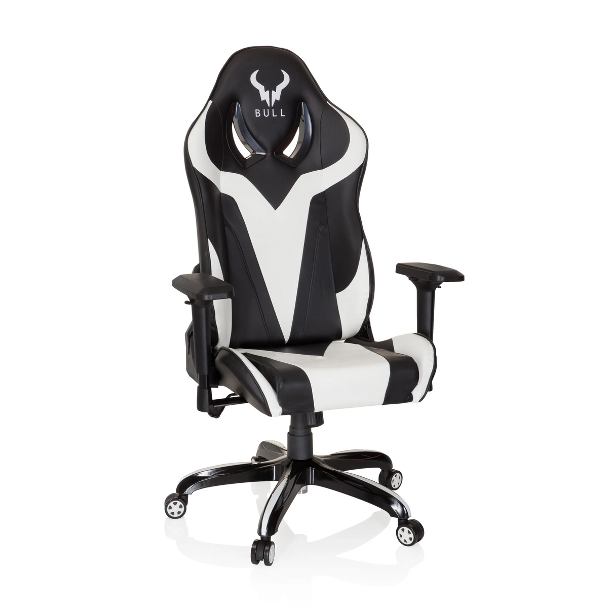 Schwarz-weißer Gamingstuhl PROMOTER I mit Armlehnen und Fußkreuz mit fünf Rollen von hjh OFFICE – 360-Grad-Ansicht (Frontansicht 20°)