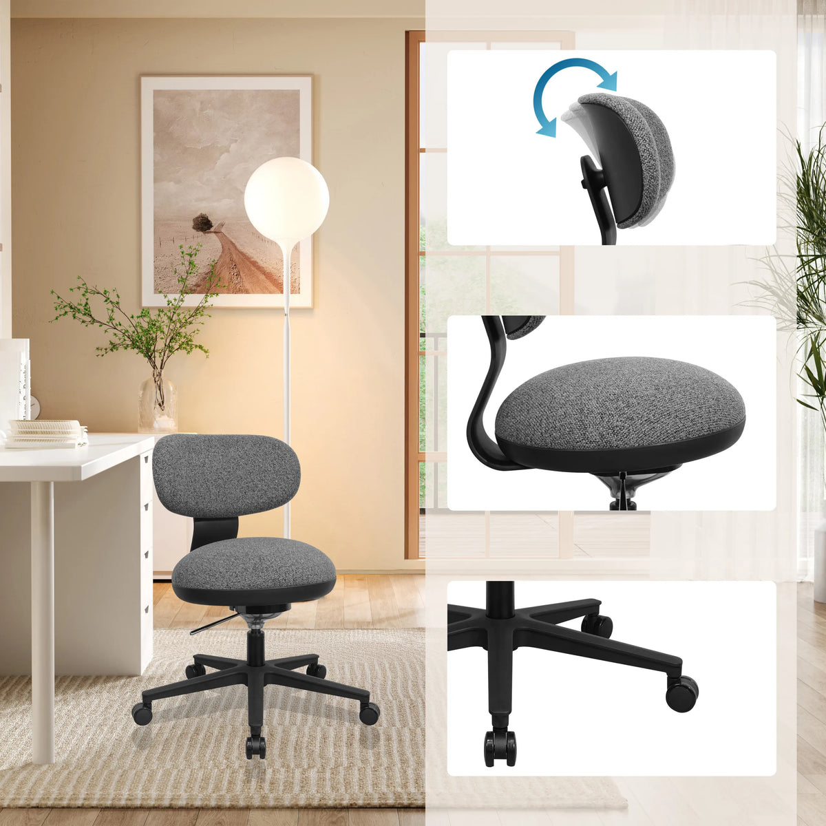 Harmaa Home Office -toimistotuoli SITMOTION B, jossa on säädettävä selkänoja ja rullajalat, valmistaja hjh OFFICE
