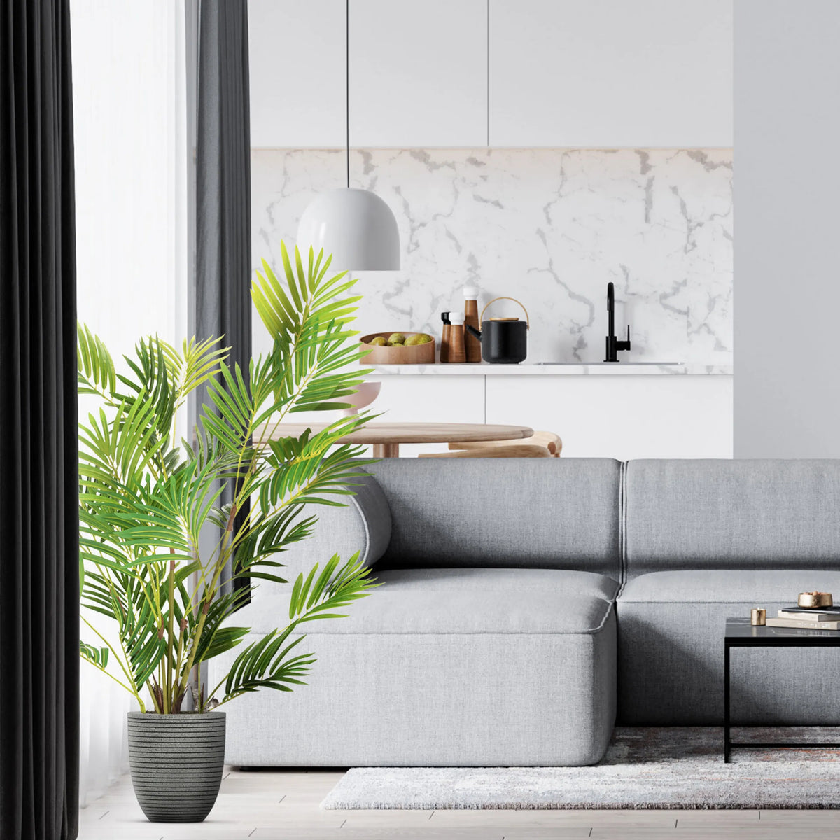 Vihreä tekokasvi ARECA I harmaassa struktuuriruukussa, valmistaja hjh OFFICE