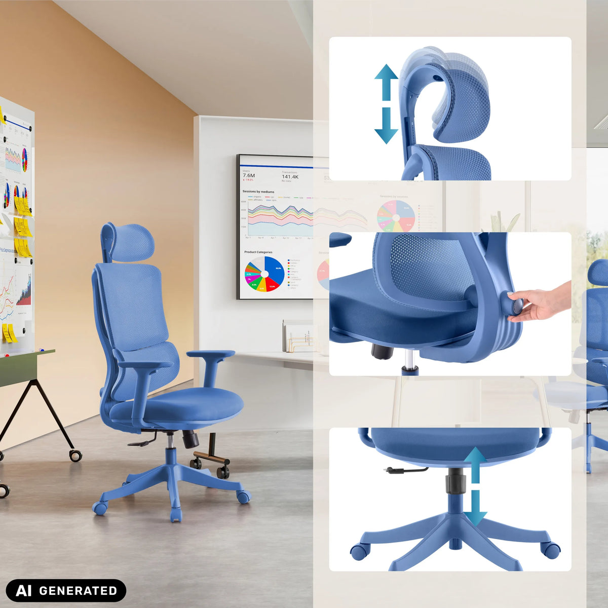 Sininen Ergomy Colore Home Office -toimistotuoli, jossa on säädettävä niskatuki ja istuinkorkeus, valmistaja MyBuero (tekoälyllä luotu kuva)
