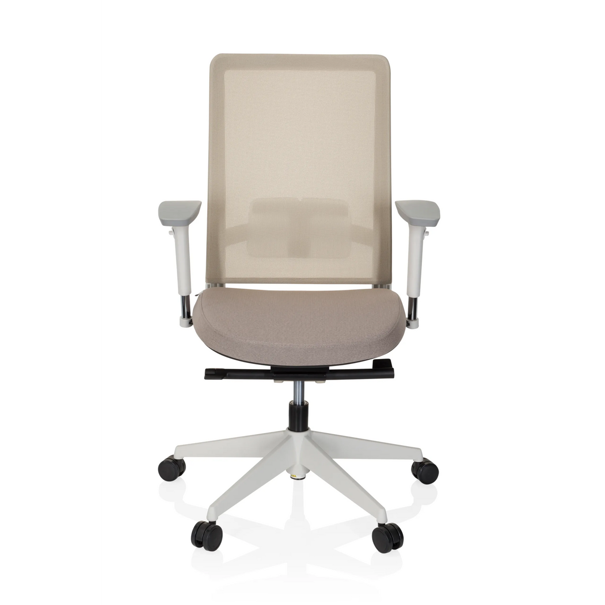 Beige Ammattitason toimistotuoli PURE WHITE verkkoselkätuella ja viisijalkaisella rullajalustalla, valmistaja hjh OFFICE – 360 asteen näkymä (etunäkymä 0°)