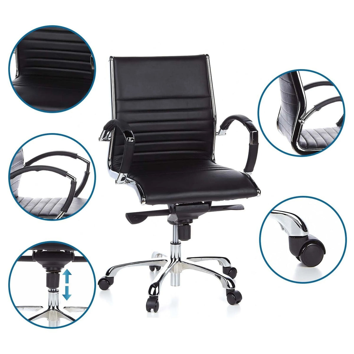 Ammattitason toimistotuoli PARMA 10 värissä musta, yksityiskohtia verhoilusta, käsinojista, pyöristä ja kaasujousesta, valmistaja hjh OFFICE