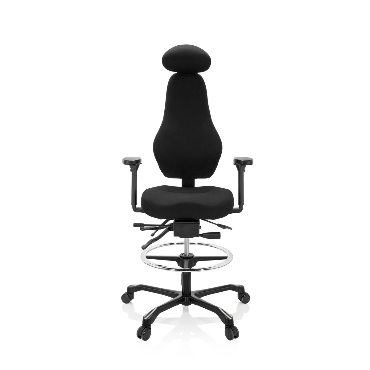 Musta Korkea työtuoli RESISTIO WORK, jossa on niskatuki, jalkarengas ja viisipisteinen pyörätuolijalka, valmistaja hjh OFFICE – 360 asteen näkymä (etunäkymä 0°)