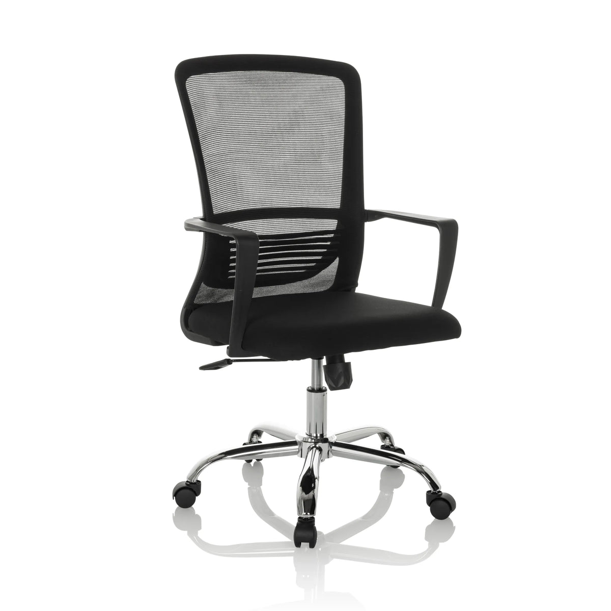 Musta Home Office -toimistotuoli STAR-TEC S verkkoselkänojalla ja viisijalkaisella rullajalustalla, valmistaja hjh OFFICE – 360 asteen näkymä (etuviistonäkymä 30°)