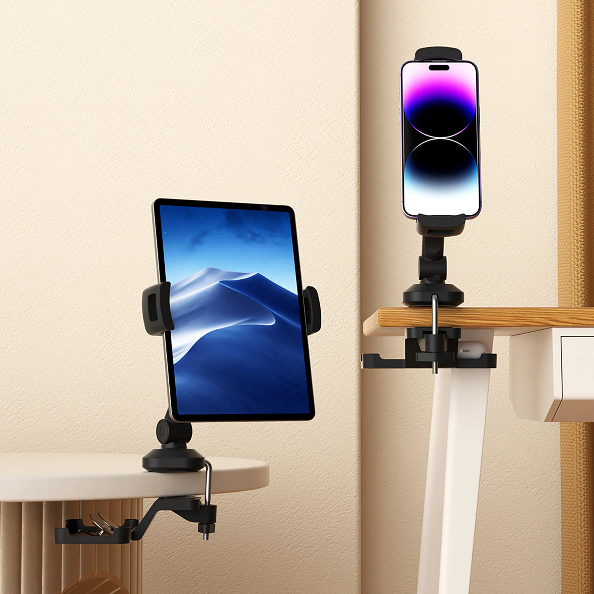 Matkapuhelimen & tabletin pidike FLEXMOBI III mustana pöytäkiinnityksellä, valmistaja hjh OFFICE