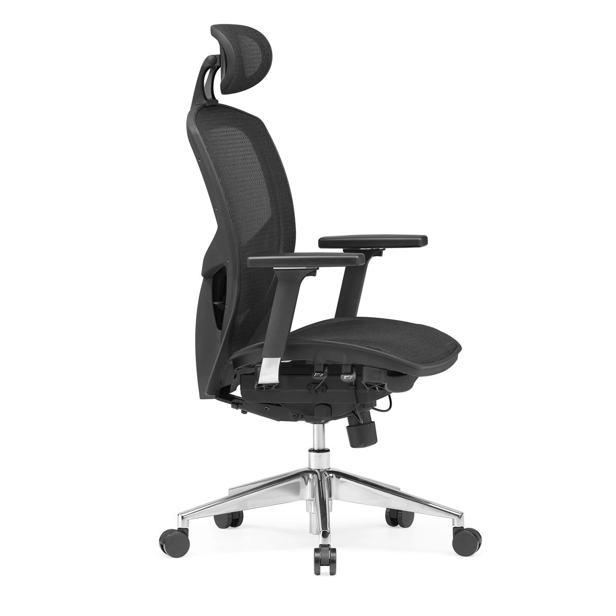 Musta High End -toimistotuoli VENUS ONE verkkoselkänojalla ja viisijalkaisella rullajalustalla, valmistaja hjh OFFICE – 360 asteen näkymä (sivuprofiili 75°)
