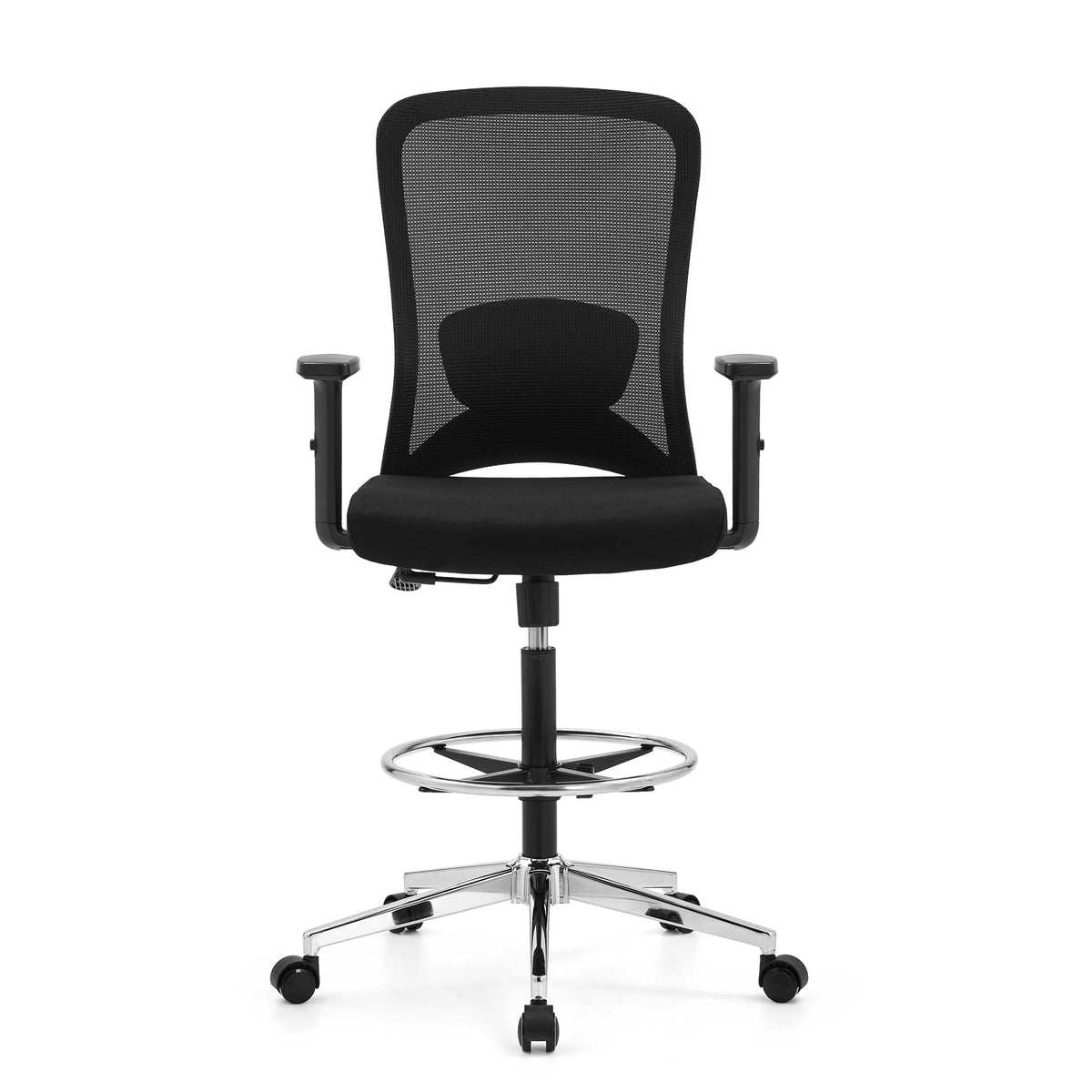 Musta Työtuoli Top Work 44 verkkoselkänojan, jalkarenkaan ja viisipolvisen rullajalustan kanssa, valmistaja hjh OFFICE – 360 asteen näkymä (etunäkymä 0°)