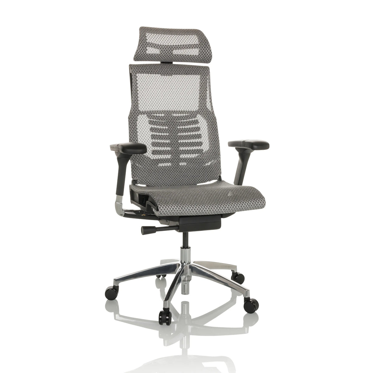 Vaaleanharmaa High End -toimistotuoli POFIT GEN2 verkkoselkänojalla ja viisipisteisellä jalustalla, valmistaja hjh OFFICE – 360 asteen näkymä (etunäkymä 15°)