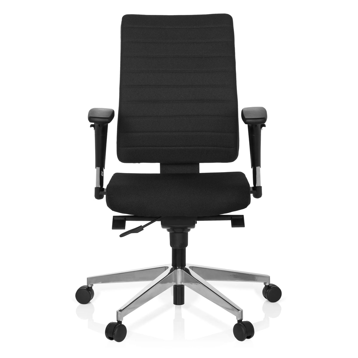 Musta Ammattitason toimistotuoli PRO-TEC 350 käsinojilla ja hopeisella viisipyöräisellä jalustalla, valmistaja hjh OFFICE – 360 asteen näkymä (etunäkymä 0°)