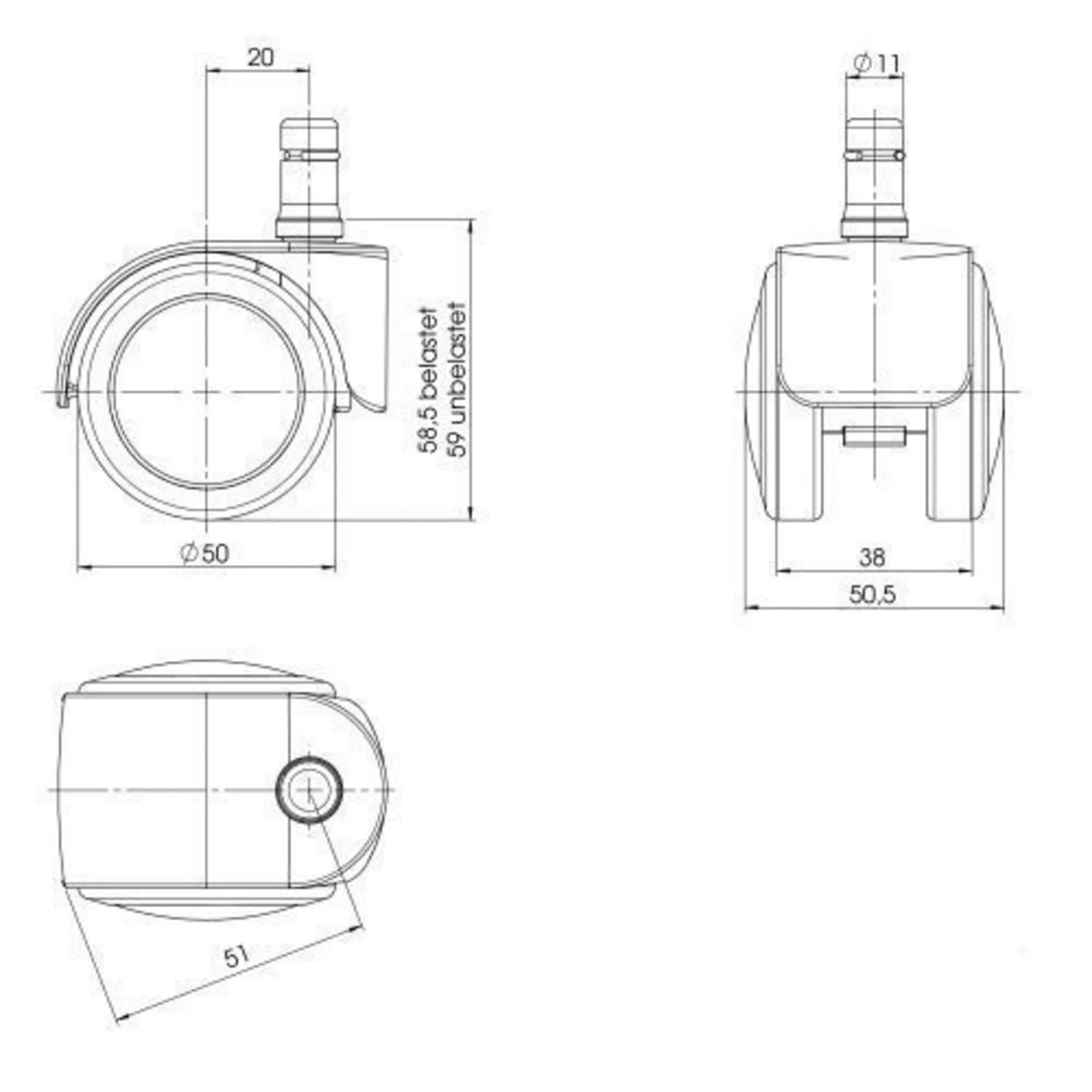 Tuolin rulla 5x ROLO EASY 11mm/50mm tekninen piirustus, halkaisija 50 mm, valmistaja hjh OFFICE