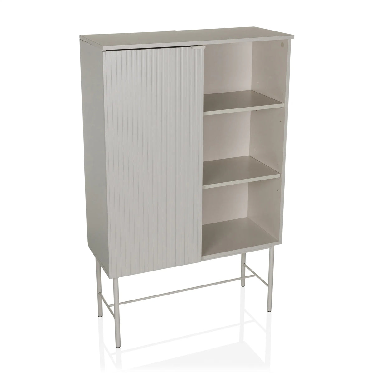 Graues Regal SIO mit einem geriffelten Türfach, zwei offenen Ablagen und Gestell von hjh LIVING – 360-Grad-Ansicht (Frontansicht 15°)