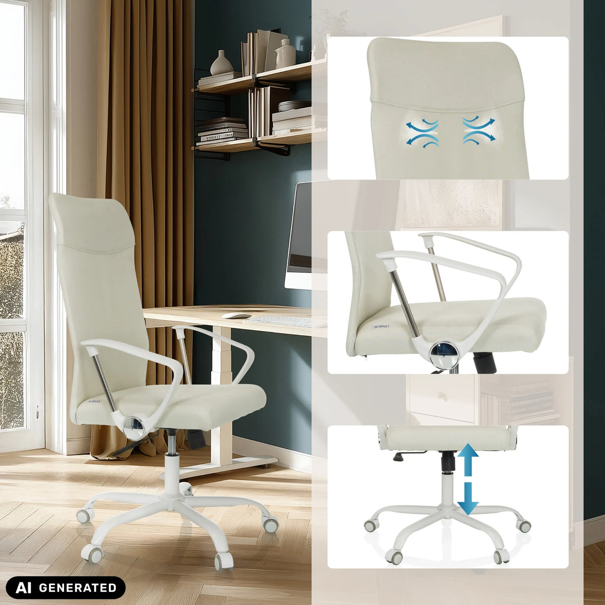 Home Office -toimistotuoli STRYKA W beige, jossa on alaselän tuki ja korkeussäätö, valmistaja hjh OFFICE (tekoälyllä luotu kuva)