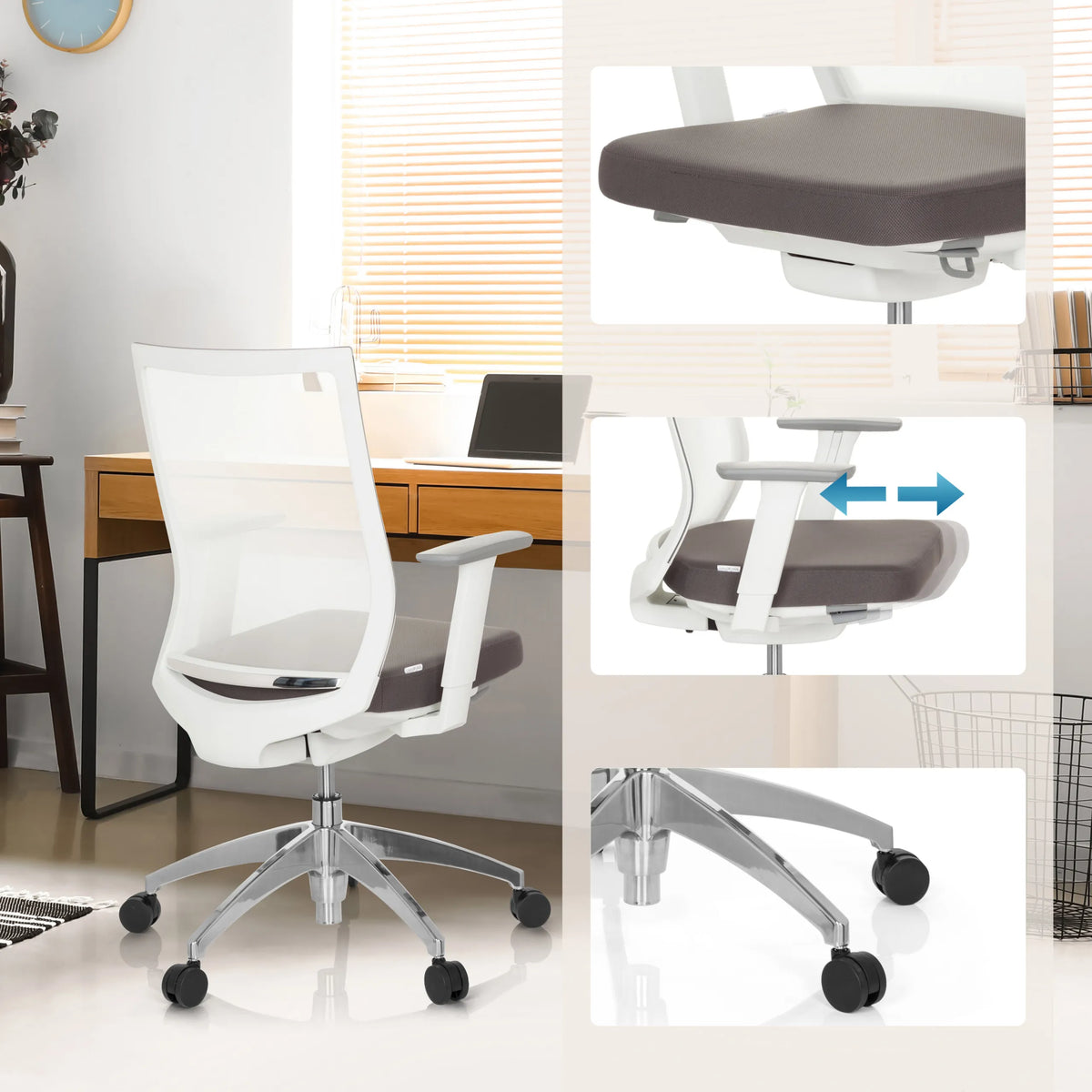 Weißer Profi-Bürostuhl ASPEN WHITE mit grauer Sitzfläche, verstellbaren Armlehnen und Rollen von hjh OFFICE