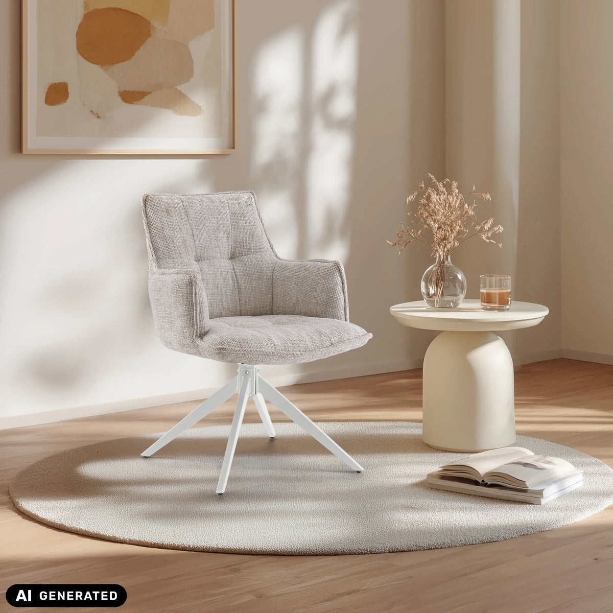 Beige Tavaro ruokasalin tuoli, jossa on valkoinen tähtijalka pyöreällä matolla, valmistaja hjh LIVING (tekoälyllä luotu kuva)