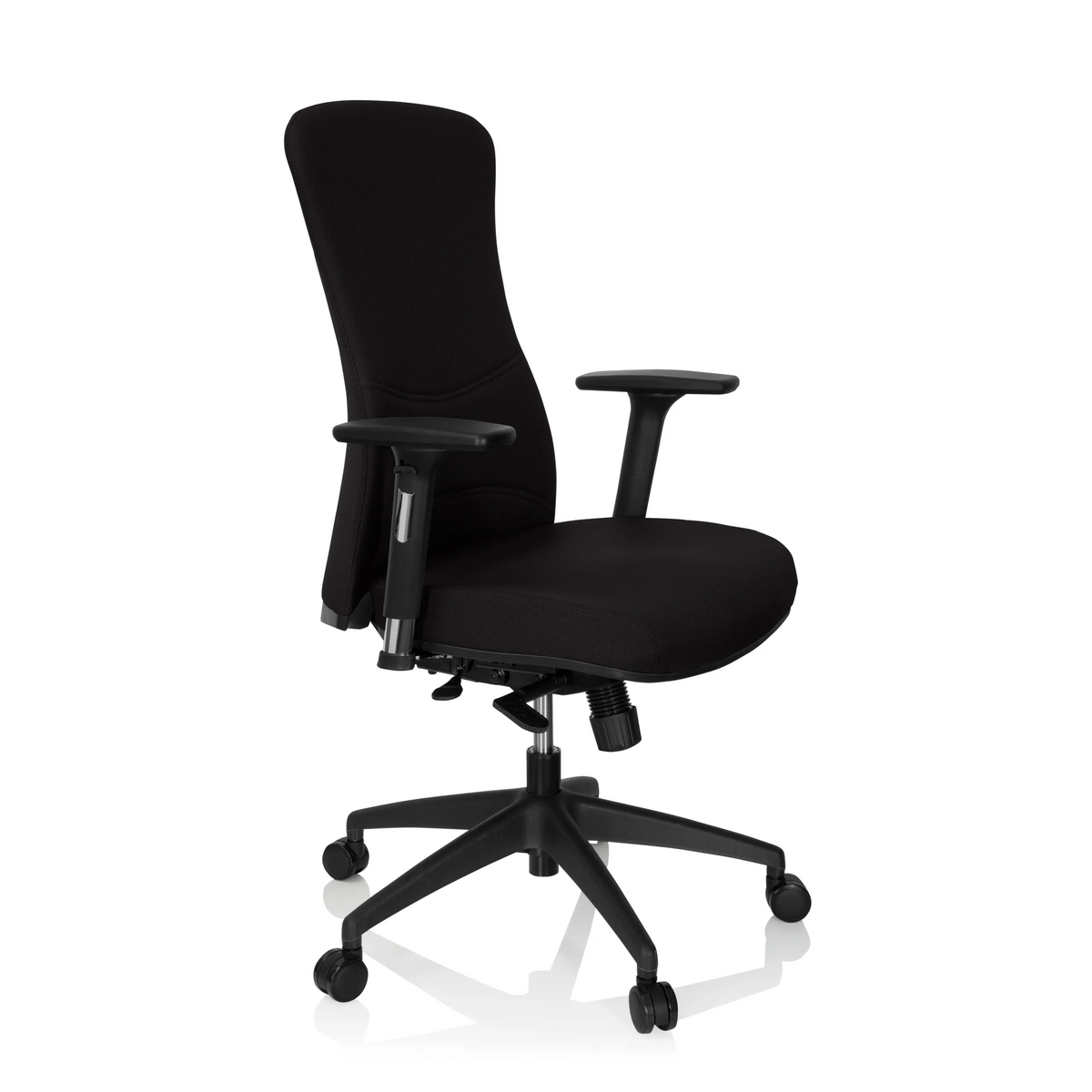Musta Ammattitason toimistotuoli OFFICE XT PRO käsinojilla ja viisipisteisellä rulla-alustalla, valmistaja hjh OFFICE – 360 asteen näkymä (etuviistonäkymä 60°)