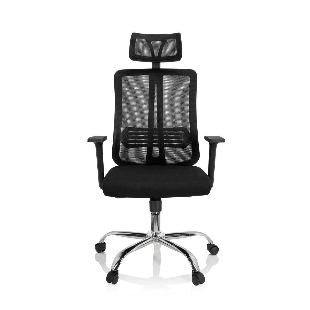 Musta Home Office -toimistotuoli ZH 200 verkkoselkänojan ja viisipisteisen rullajalustan kanssa, valmistaja hjh OFFICE – 360 asteen näkymä (etunäkymä 0°)